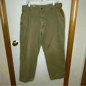 Orvis Khaki Leather Accent Jeans Men 36x28 Tan Outdoor Straight Leg Casual